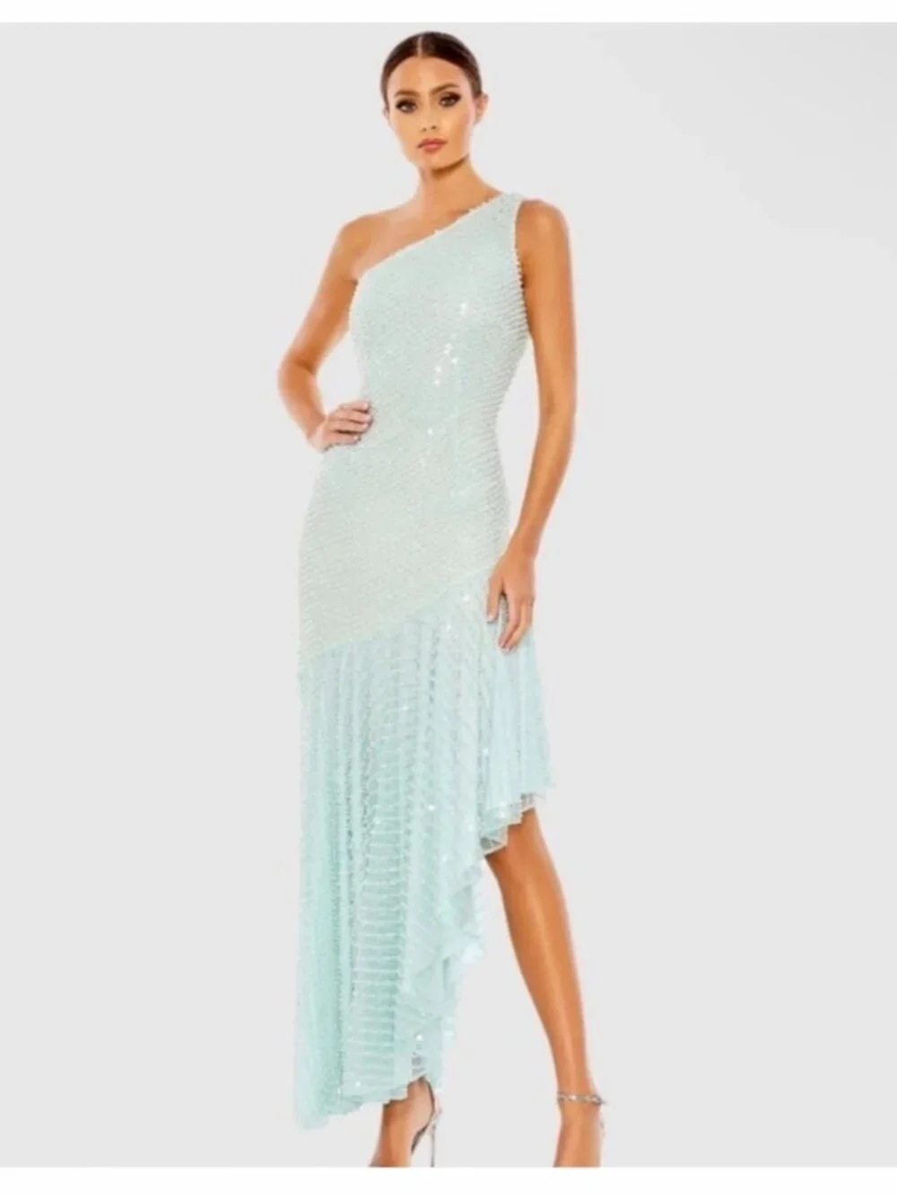 Mac Duggal One-Shoulder High-Low Sequin Dress in Light Aqua